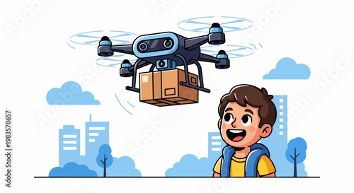 A boy watches a drone delivering a package in the city skyline on a cloudy day.