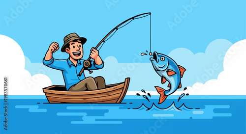 Man in a boat catches a large fish with a fishing rod on a sunny day outdoors