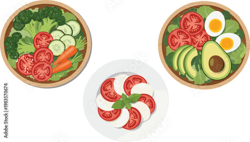 Healthy salad bowls set with vegetables avocado egg mozzarella vector illustration fresh diet food collection design