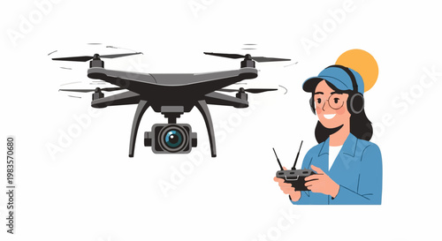 Woman operates drone with controller in hand outdoors for aerial photography