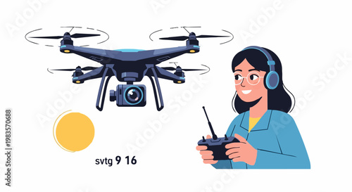 A woman operates a drone controller while wearing headphones and flying a drone outdoors.