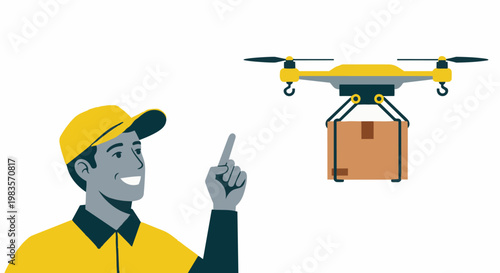 Man in yellow uniform directing drone with package flying overhead outdoors