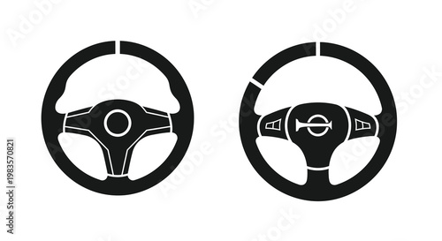 Two steering wheels displayed in a stark black silhouette