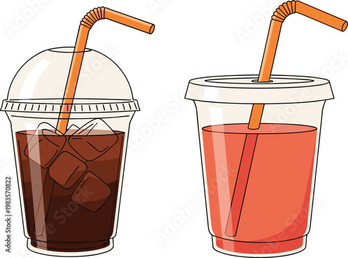 Iced drinks cups set cold beverages juice soda vector illustration takeaway plastic glasses collection design elements
