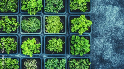 Green plants in square containers top view