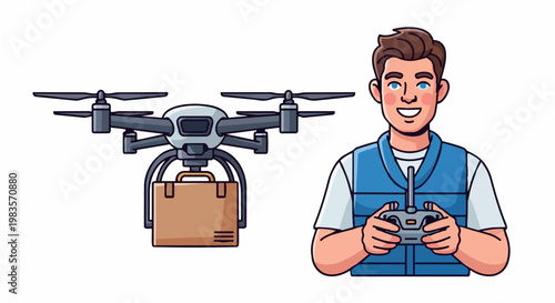 A man operates a drone with a package attached to deliver goods efficiently outdoors.
