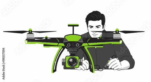 A man operates a green and black drone with a camera attached underneath.