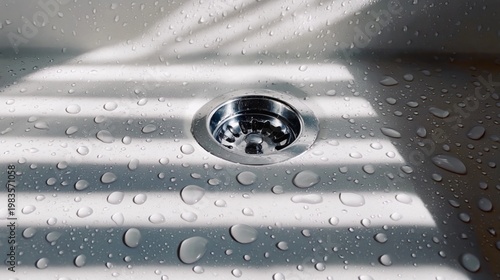Water Droplets Rest on a Stainless Steel Sink While Sunlight Filters Through ...