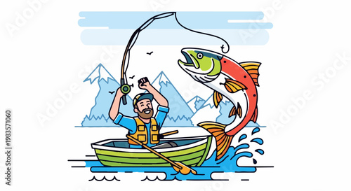 Man in boat catches large fish in water with mountains