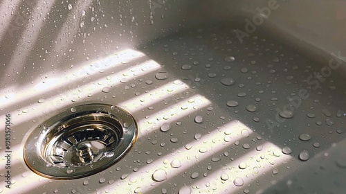 Water Droplets Gather Around the Drain in a Sink With Light Shining Through W...