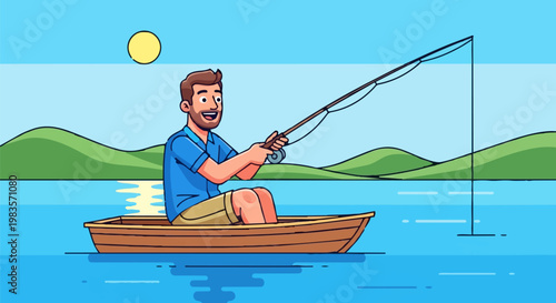 Man fishing on a serene lake with green hills and a sunny sky in summer