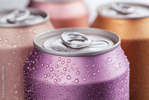 Close up of assorted soda cans with water droplets on a purple can