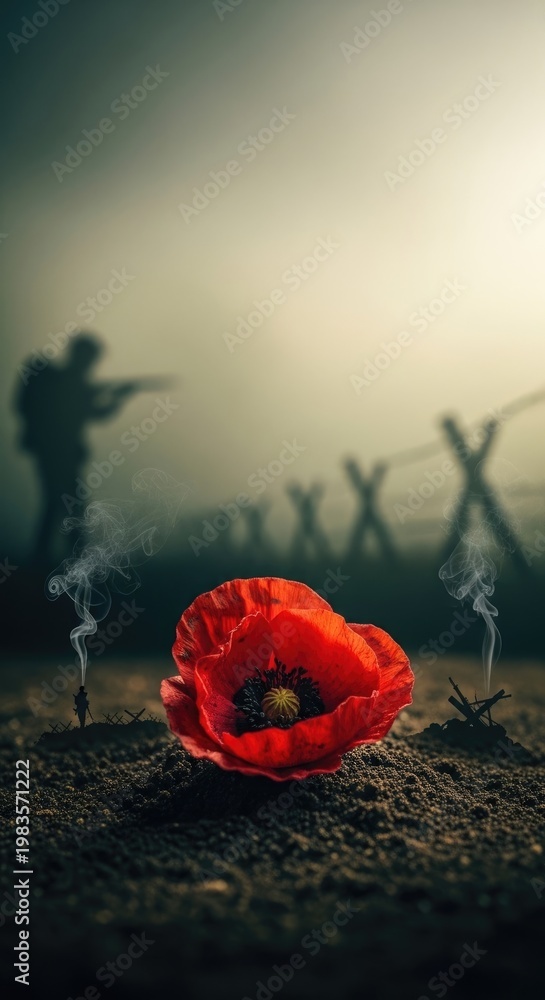 Obraz premium Poppy blossom, symbolizing past soldier remembrance, honoring lost human lives, global military conflict, second world war reconciliation, historical sacrifice, veteran tribute.
