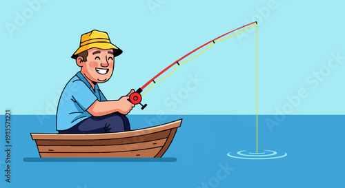 Man fishing in a small wooden boat on calm blue water with a fishing rod 20260413.