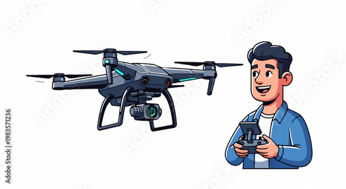 A man holding a drone controller next to a drone in an outdoor setting