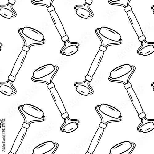 Gua sha massager, simple black and white pattern in doodle and sketch style. Hand-drawn repeating design for skincare branding, spa packaging or beauty product labels