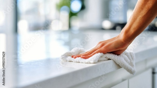 Person Wipes a Clean Countertop With a Towel in a Bright Kitchen on a Sunny Day