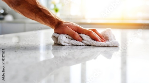 Person Wipes a Clean Countertop With a Towel in a Bright Kitchen on a Sunny Day