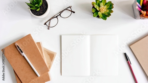 Workspace With Notebooks, Plants, and Writing Tools During the Day