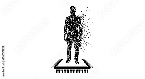 A man disintegrates into particles on a plate.