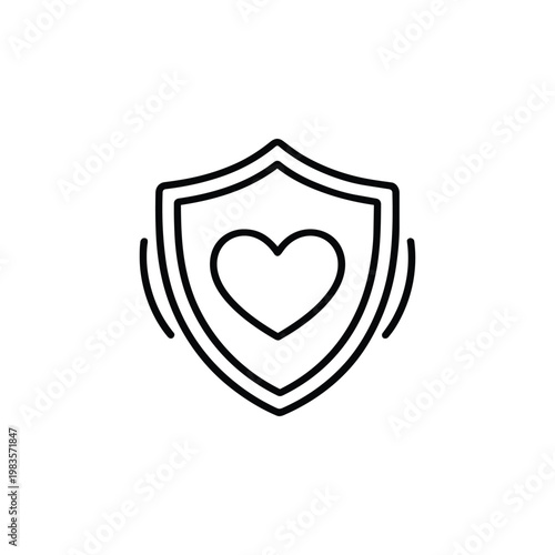 Mental wellness self care shield with heart icon black and white vector line art for mental wellness protection and self care design