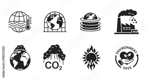 Environmental icons depicting climate change and pollution a silhouette