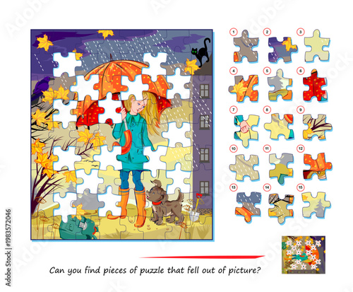 Can you find all pieces of puzzle that fell out of picture? Logic puzzle. Game Seek and Find. Hand drawn vector. Page for kids brain teaser book. Task for attentiveness. Developing spatial thinking.