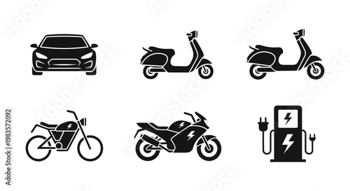 Electric vehicle icons including cars scooters and charging stations silhouette