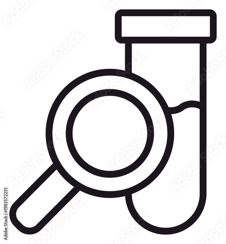 Tableau sur toile Scientific research vector icon featuring a laboratory test tube and magnifying glass for medical analysis, chemical experiments, and biotechnology discovery in a clean black line art style