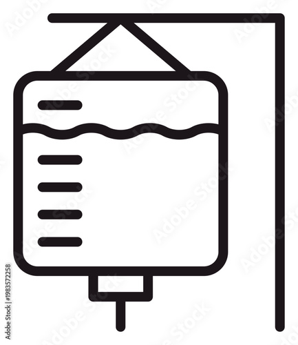 Intravenous IV drip bag hanging on a medical stand black line vector icon illustration. Minimalist symbol for hospital treatment, saline solution, blood transfusion, and healthcare services.