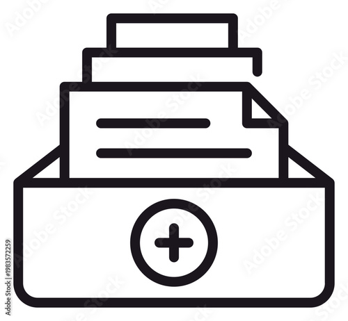 Black line vector icon illustration of a file storage box with documents and a plus symbol, representing adding new records, data management, digital archiving, and office organization.