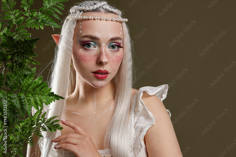 Fototapeta premium Beautiful elf girl with floral decor on dark olive background, space for text
