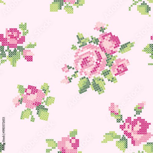 Seamless Pattern Cross Stitch Floral Pink Rose Embroidery Luxury Nursery Cottagecore Background Vector
