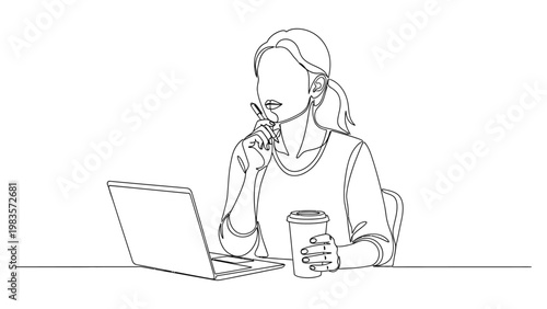 Woman working on laptop with coffee.