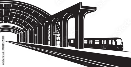 Modern subway station, urban train platform, black and white vector illustration, transportation infrastructure