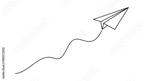 a simple line drawing of a paper airplane soaring through the air.