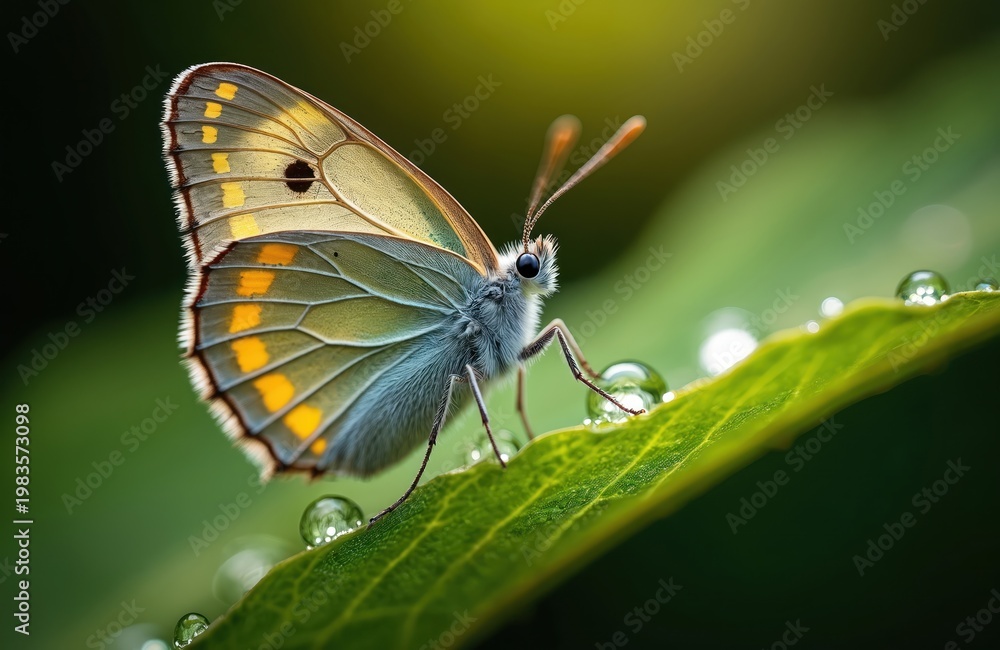 Fototapeta premium Gatekeeper butterfly rests on green leaf with water drops. Insect has orange spots on yellow wings, fuzzy blue body. Nature macro photo, morning dew on plant.