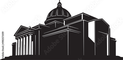 Black and white government building, neoclassical architecture, dome and columns, vector illustration, civic design