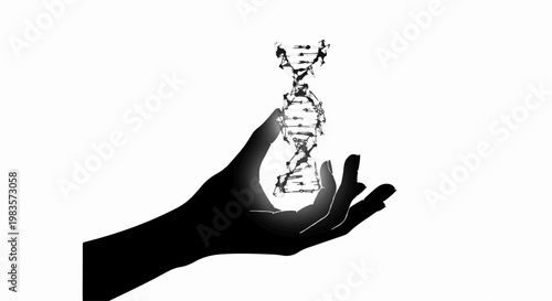 Silhouette of a hand holding a glowing DNA helix, symbolizing scientific discovery and life