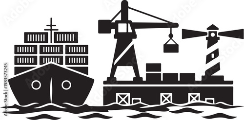 Cargo ship, industrial port, crane, shipping container, nautical icons