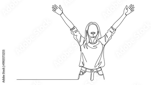 A woman with her arms raised in joy and freedom on white background.