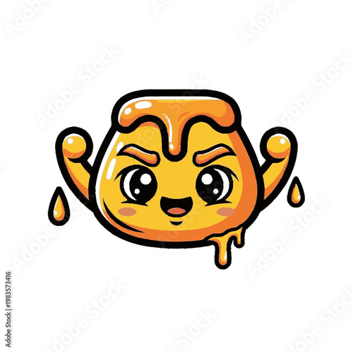 Cartoon Honey Jar Character Flexing Muscles.