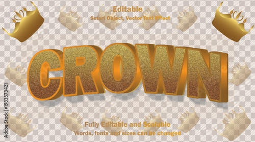 Golden crown 3d text effect luxury editable typography with royal glitter letters on checkered background.