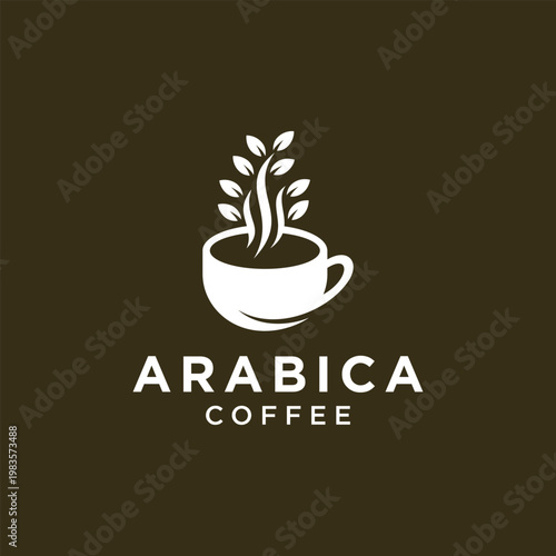 Arabica Coffee Cup Logo Design with Leaves and Steam.