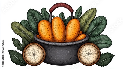 Orange Root Vegetables in Dark Pot with Spinach Leaves Illustration