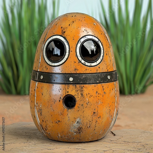 Orange Textured Egg Robot on Sandy Surface