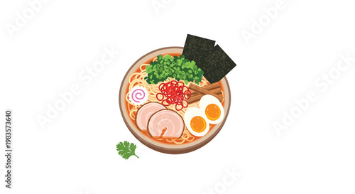 This vibrant top-down vector illustration captures a steaming bowl of ramen garnished with bright red ginger, two soft-boiled eggs, and fresh green herbs.