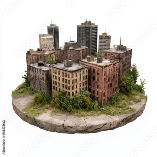 Overgrown Cityscape Diorama  Decayed Buildings and Lush Vegetation on Cracked Base