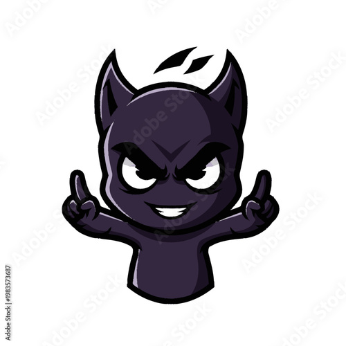 Dark cartoon character with horns gesturing.