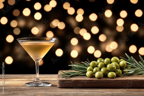 Pale Yellow Martini Cocktail with Green Olives and Rosemary on Rustic Wood